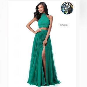 Sherri Hill Emerald Green Two-Piece Halter Prom Gown